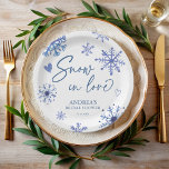 Snow in love snowflakes winter bridal shower paper plate<br><div class="desc">Snow in love snowflakes winter bridal shower monogrammed paper plates template,  dusty blue boho snowflakes doodles with hearts bridal shower personalised paper plates boho bridal shower party supplies customised paper plates</div>