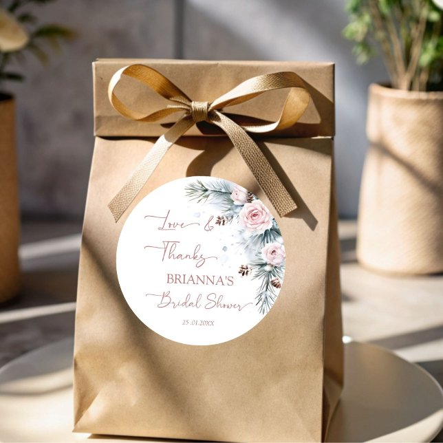 Snow in love snowy pine winter bridal shower favou classic round sticker (Snow in love snowy pines blush pink roses winter bridal shower favor stickers personalized stickers)