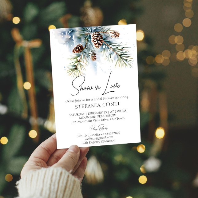 Snow in love snowy pines winter bridal shower invitation (Snow in love boho snowy pines pinecones winter bridal shower invitation template )