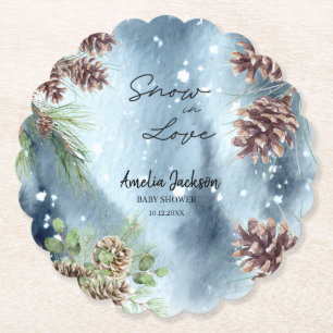 Snow in love snowy pines winter bridal shower paper coaster