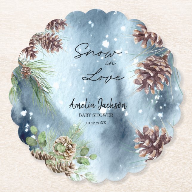 Snow in love snowy pines winter bridal shower  paper coaster (Front)