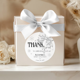 Snow In Love White Bow Baby Shower Winter Favor Classic Round Sticker