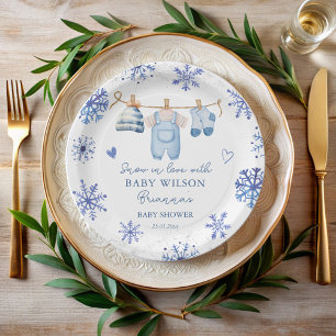 Snow in love winter baby shower monogrammed paper plate