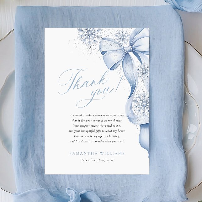 Snow in Love Winter Blue Bow Bridal Shower  Thank You Card (Creator Uploaded)