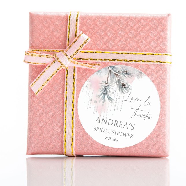 Snow in love winter bridal shower favour classic round sticker (Snow in love winter bridal shower favor sticker watercolor pastel snowy pines thank you stickers)