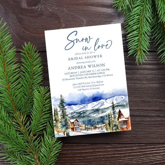 Snow in love winter bridal shower mountain village invitation (Snow in love winter bridal shower snowy mountain village watercolor scenery template invitation )