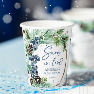 Snow in love winter bridal shower pines wreath paper cups