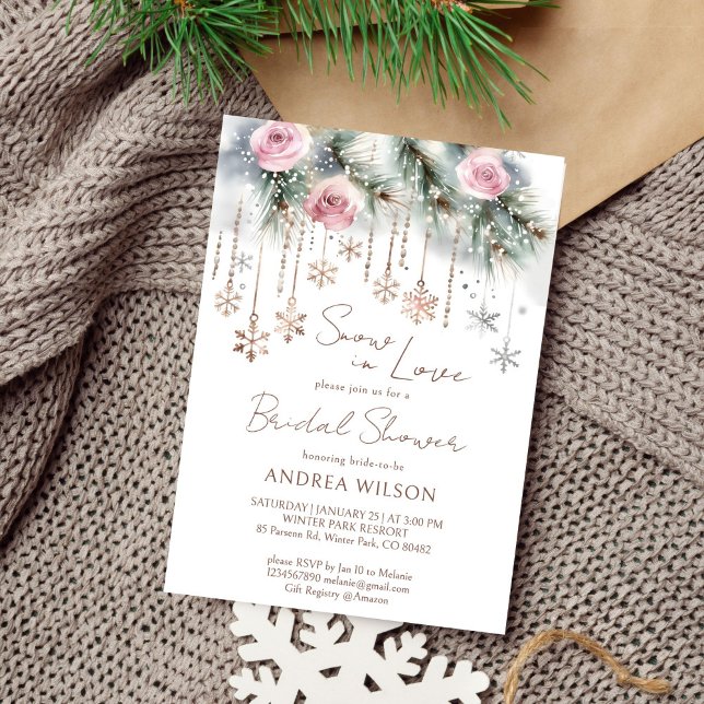 Snow in love winter bridal shower template (Snow in love winter bridal shower editable template invitation digital download watercolor pines)