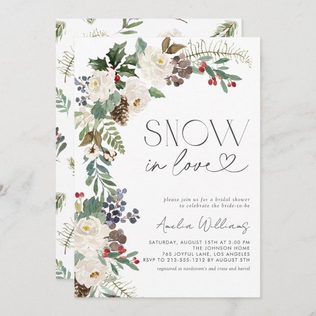 Snow in Love Winter Flowers Evergreen Invitation (Front/Back)