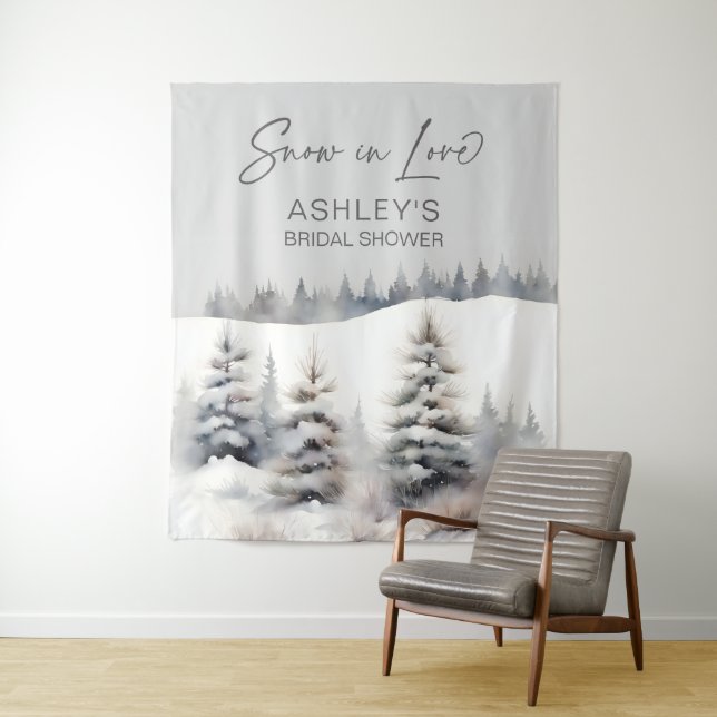 Snow in love winter forest bridal shower backdrop tapestry (In Situ)
