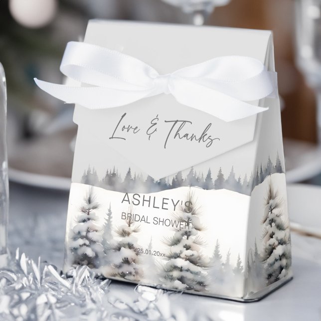 Snow in love winter pine forest bridal shower favo favour box (Snow in love winter pine forest bridal shower favor box pastel grey sage green snowy pines favor box)
