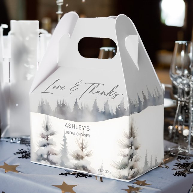 Snow in love winter pine forest bridal shower favo favour box (Snow in love winter pine forest bridal shower favor box pastel grey green pines winter themed shower)