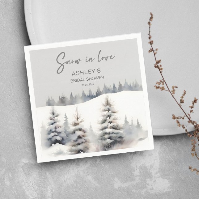 Snow in love winter pine forest bridal shower napkin (Snow in love winter pine forest bridal shower template napkins watercolor snowy pines casual font)