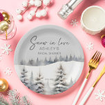 Snow in love winter pine forest bridal shower paper plate<br><div class="desc">Snow in love winter pine forest bridal shower tableware template paper plates,  pastel dusty sage green watercolor pines invitation for winter themed bridal shower personalised party plates.</div>