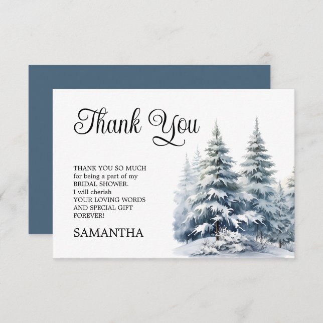 Snow in Love winter pine forest Bridal Shower Thank You Card (Front/Back)