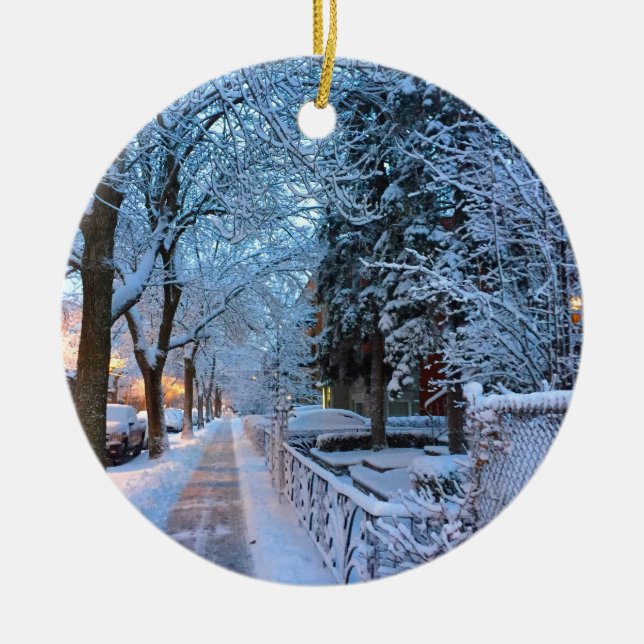 Snow in Montreal Ceramic Tree Decoration (Front)