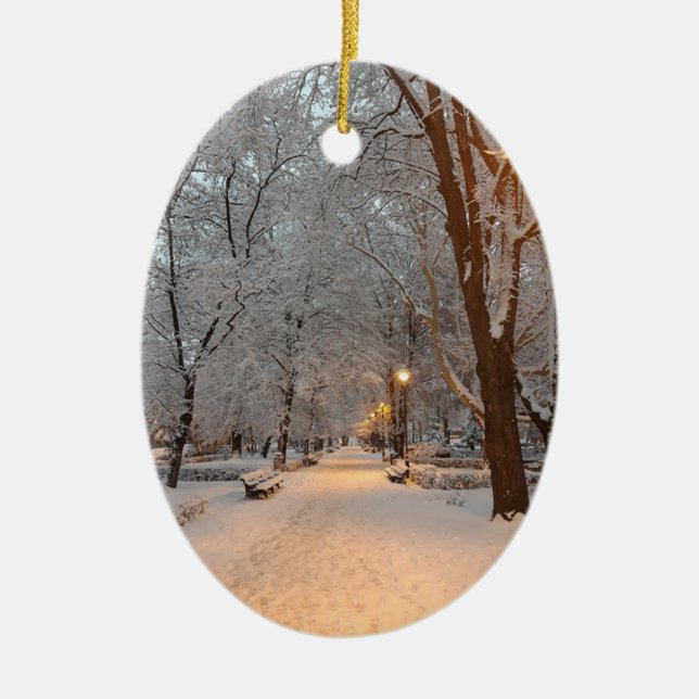 Snow in Park Sibiu Ceramic Ornament (Front)