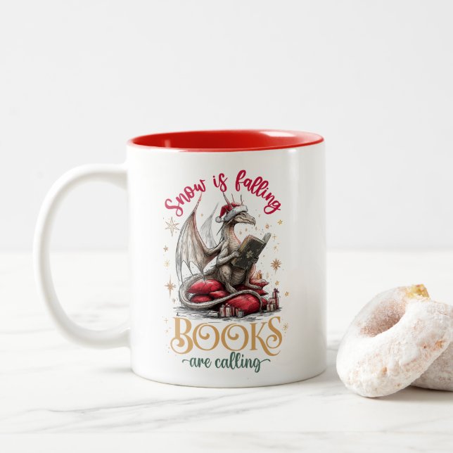 Snow Is Falling, Books Are Calling  Two-Tone Coffee Mug (With Donut)