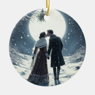 Snow Kiss Couple Christmas Ceramic Ornament