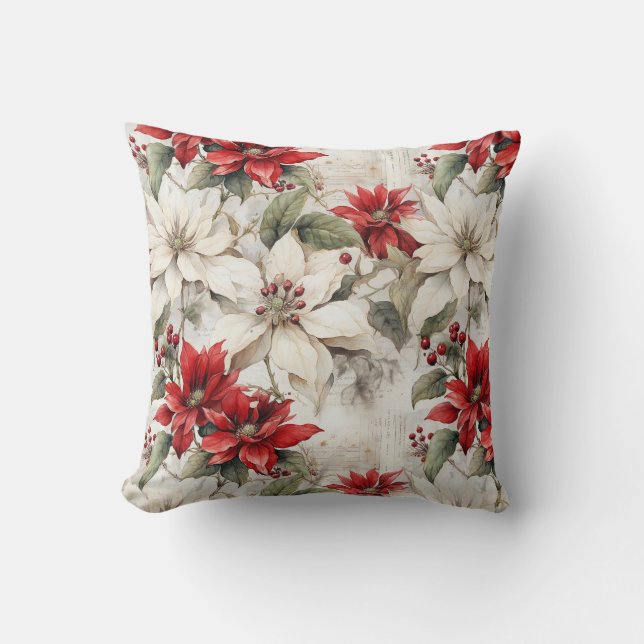 Snow-kissed Elegance: White and Red Poinsettia Cushion (Front)