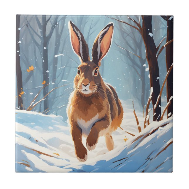 Snow-Kissed Revelry: The Hare Run Ceramic Tile (Front)