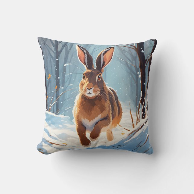 Snow-Kissed Revelry: The Hare Run Cushion (Front)