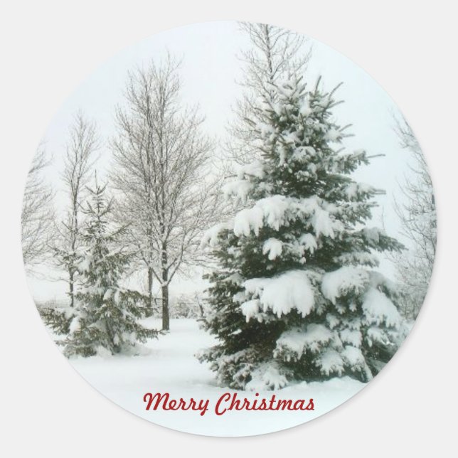 Snow-Laden Trees, Merry Christmas Classic Round Sticker (Front)