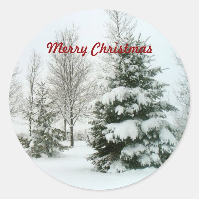 Snow-Laden Trees, "Merry Christmas" Classic Round Sticker (Front)