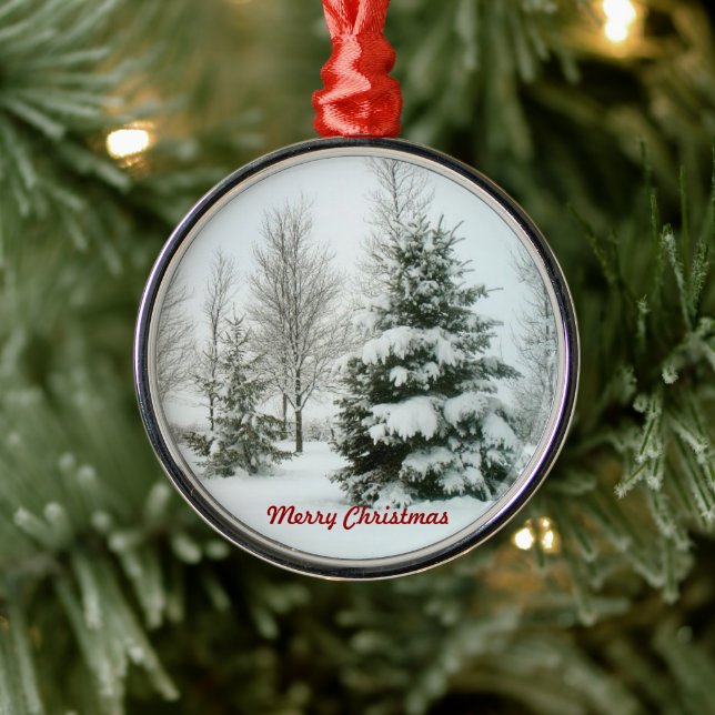 Snow-Laden Trees, Merry Christmas Metal Ornament (Tree)