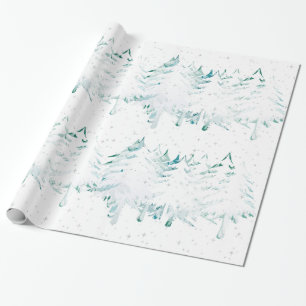 Snow Laden White on Green Christmas Trees Wrapping Paper