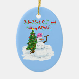 Snow lady stressed out and falling apart ceramic ornament