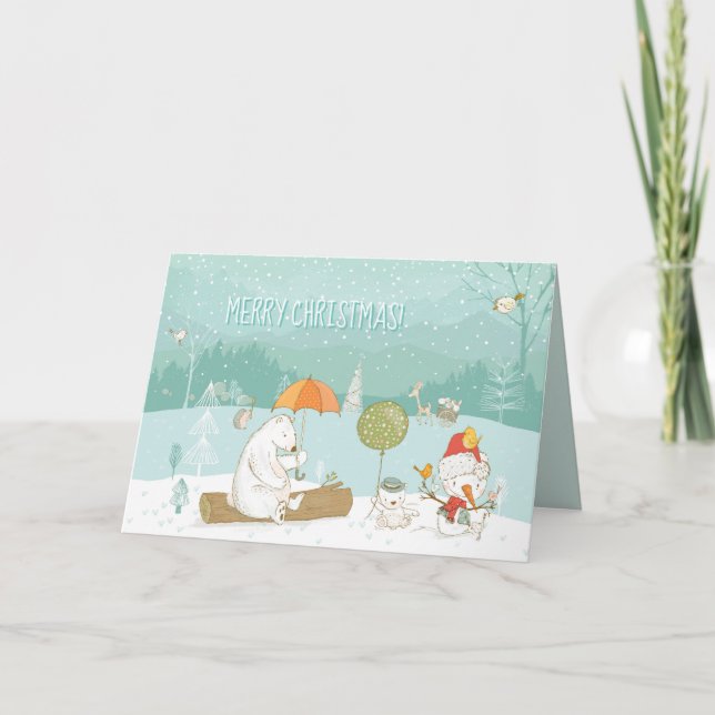 Snow Landscape Bears and Snowman Pastel Holiday Card (Front)