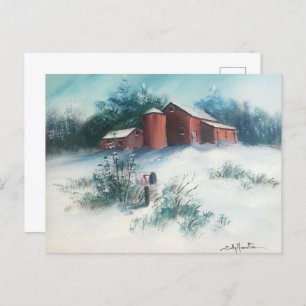 Snow Landscape Painting Rustic Farm Postcard