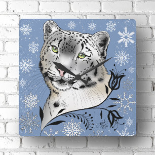 Snow Leopard and Snowflakes Square Wall Clock