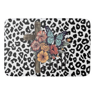 Snow Leopard Cross, Flowers and Butterflies Bath Mat