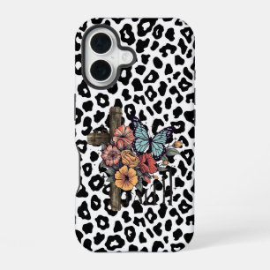 Snow Leopard Cross, Flowers and Butterflies iPhone 16 Case