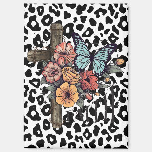 Snow Leopard Cross, Flowers and Butterflies Magnet