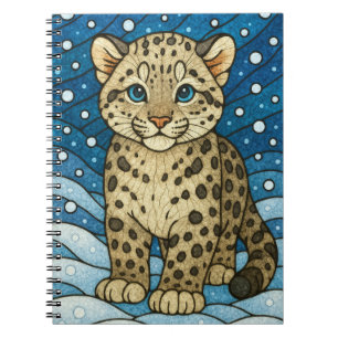 Snow leopard cub in snow, stained glass art notebook