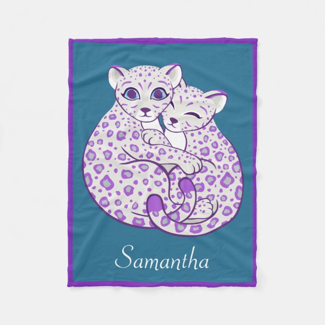 Snow Leopard Cubs Cuddling Custom Name Fleece Blanket (Front)
