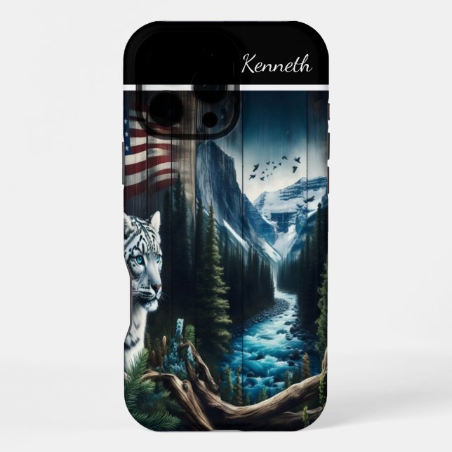 Snow Leopard Dreams of Mountain Stream iPhone Case (Back)