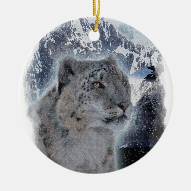SNOW LEOPARD Endangered Species of Big Cat Ceramic Ornament (Front)