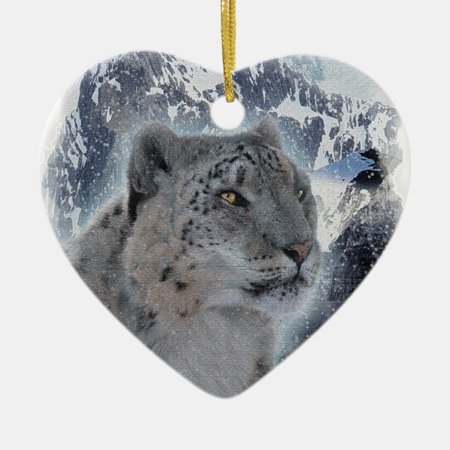 SNOW LEOPARD Endangered Species of Big Cat Ceramic Tree Decoration (Front)