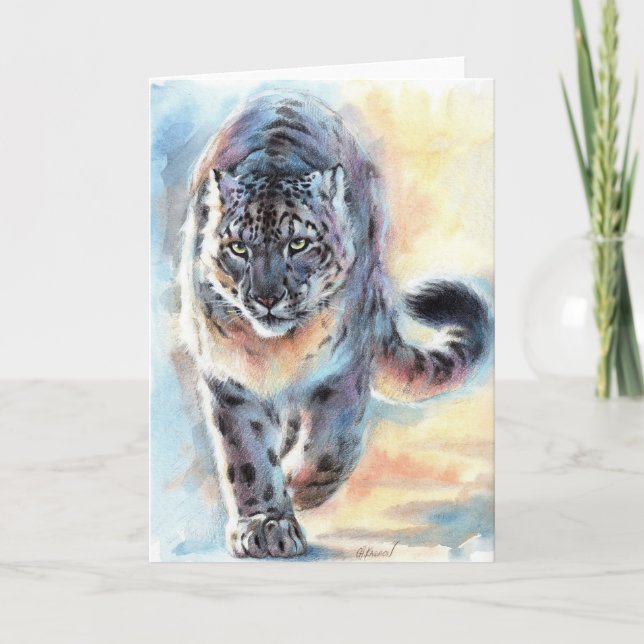 Snow Leopard Folded Greeting Card Wildcat Art  (Front)
