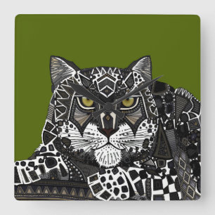 snow leopard green square wall clock