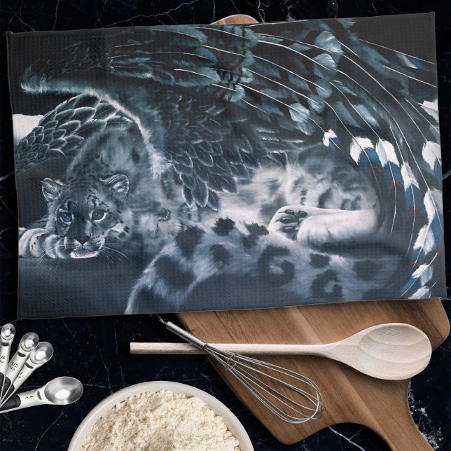 Snow Leopard Guardian Wings Fantasy Wildlife Tea Towel (Creator Uploaded)