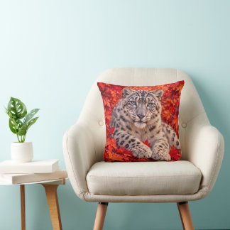 Snow Leopard in Autumn Maple Leaves – Wildlife Art Cushion