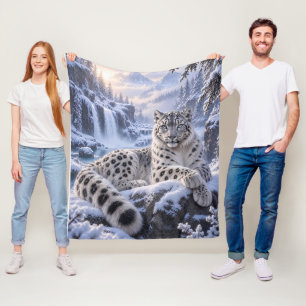Snow Leopard in Frozen Mountain Waterfall – Winter Fleece Blanket