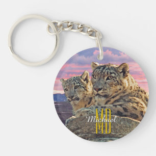 Snow Leopard Mother/Cub Monogram Name, Personalise Key Ring