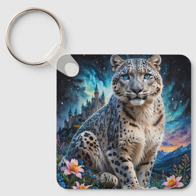 Snow Leopard Mountain Castle Starry Sky Key Ring (Front)