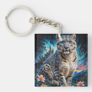 Snow Leopard Mountain Castle Starry Sky Key Ring